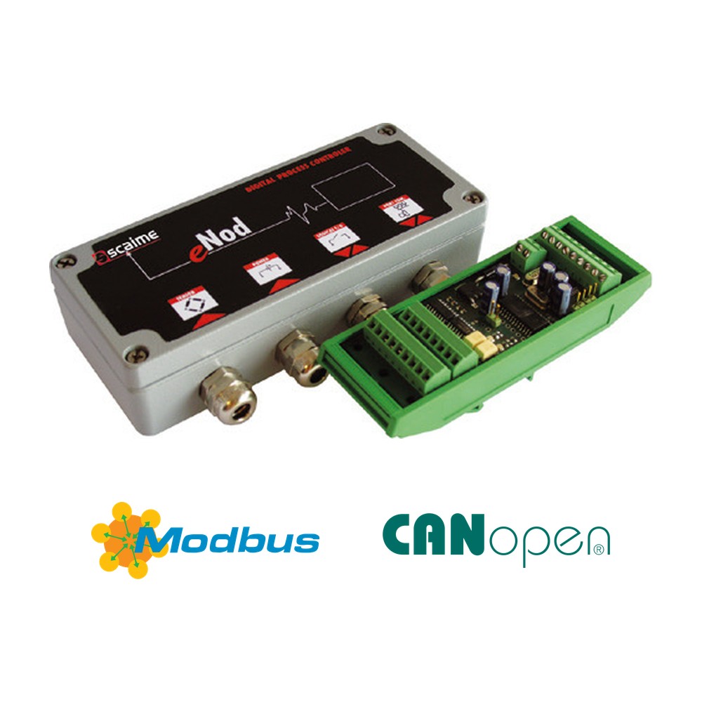 Transmetteur numérique eNod3-T SCAIME en version boîtier aluminium et rail DIN, compatible Modbus et CANopen
