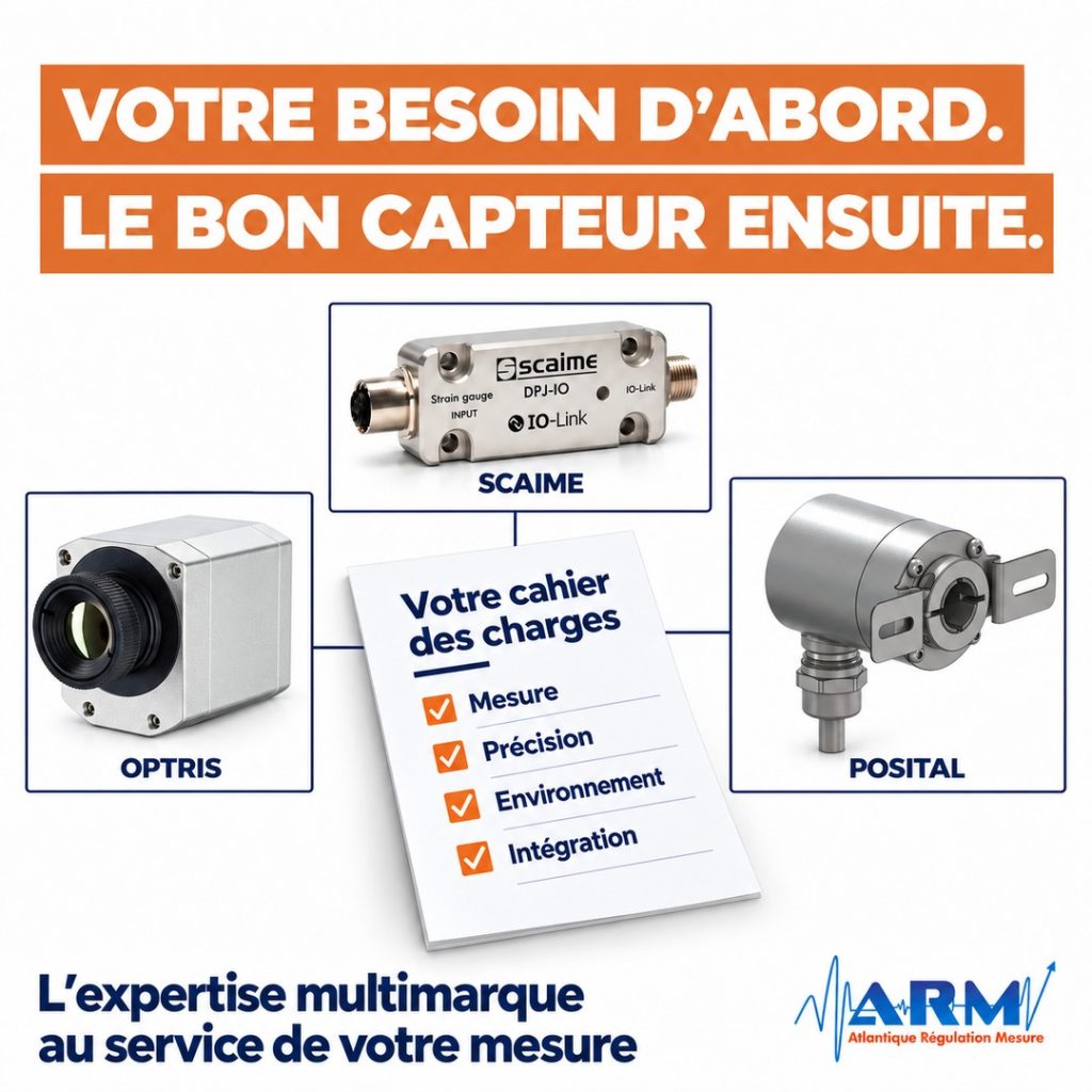 Visuel ARM « Votre besoin d’abord, le bon capteur ensuite » : un cahier des charges (mesure, précision, environnement, intégration) relié à des solutions Scaime, Optris et Posital